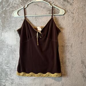 Y2K Velvet Brown Lace Trim Tank Top With Bow Women's Size Small Baby Doll Tank